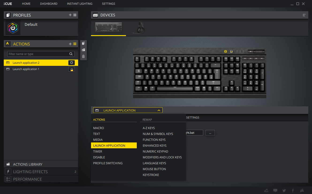 iCUE software, showing an action being configured for the keyboard.